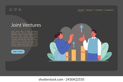 Concepto de Joint Ventures. Profesionales discutiendo estrategias de crecimiento, mostrando gráficos crecientes. Colaboración y asociación. Ilustración vectorial plana.