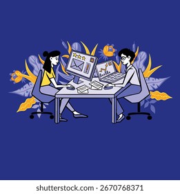 Joint work in the office, cooperation lilac vector flat