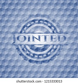 Jointed blue emblem with geometric pattern background.