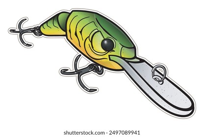 jointed minnow fishing lures logo vector. with green yelow orange colors. greeting cards advertising business company or brands, mascot merchandise t-shirt, stickers and Label designs, poster.