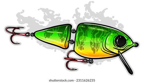 jointed minnow fishing lures vector. with green yellow color. greeting cards advertising business company or brands, logo, mascot merchandise t-shirt, stickers and Label designs, poster.