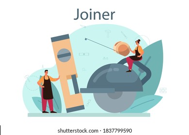 Jointer or carpenter concept. Builder wearing helmet and overalls with working with wood. Joinery and carpenry workshop. Isolated vector illustration