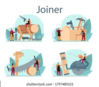 Jointer or carpenter concept set. Builder wearing helmet and overalls with working with wood. Joinery and carpenry workshop. Isolated vector illustration