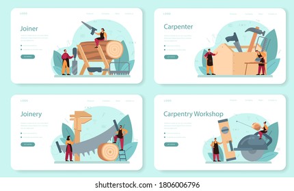 Jointer or carpenter web banner or landing page set. Builder wearing helmet and overalls with working with wood. Joinery and carpenry workshop. Isolated vector illustration