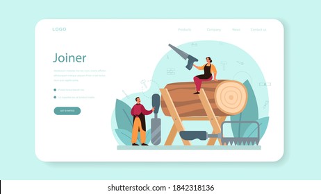 Jointer or carpenter web banner or landing page. Builder wearing helmet and overalls with working with wood. Joinery and carpenry workshop. Isolated vector illustration
