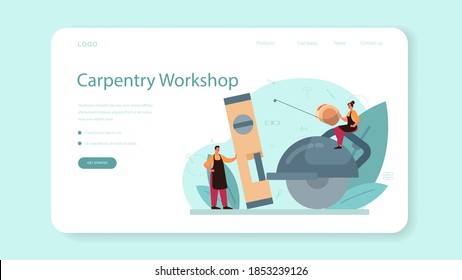 Werden Sie Mitglied oder Tischler Web-Banner oder Landing-Seite. Bauer mit Helm und Overalls mit Holzarbeit. Tischlerei und Tischlerei. Einzelne Vektorgrafik