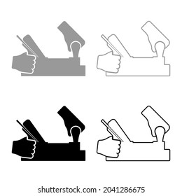 Jointer jack plane in hand holding tool use Arm using instrument with wood set icon grey black color vector illustration flat style image