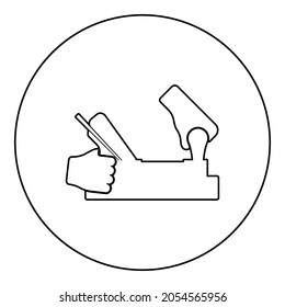 Jointer jack plane in hand holding tool use Arm using instrument with wood icon in circle round black color vector illustration solid outline style simple image