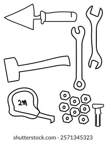 Jointing knife, Spanner, Hammer, Tape 2m, Screw Bolts vector tools are essential digital resources for architects, engineers, and designers tools typically use vector graphics to create precise.