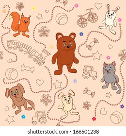 Jointless bright coloured texture with toys, beasts, butterflies, stars and flowers