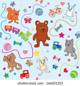 Jointless bright coloured texture with toys, beasts, butterflies, stars, flowers