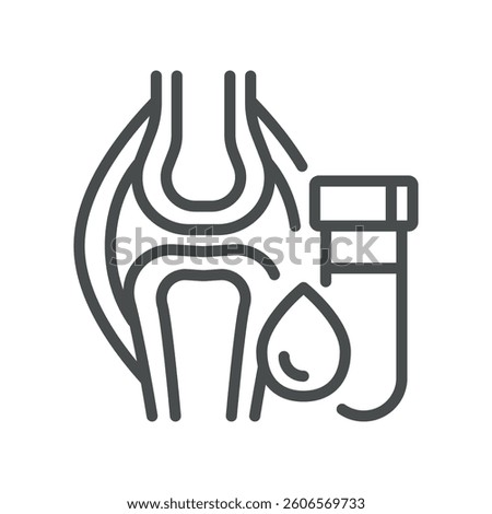 Joints Blood Test Icon. Line Vector of Joint Structure and Test Tube, Representing Rheumatology, Arthritis, Inflammation, Autoimmune Disorders, and Diagnostic Laboratory Analysis.