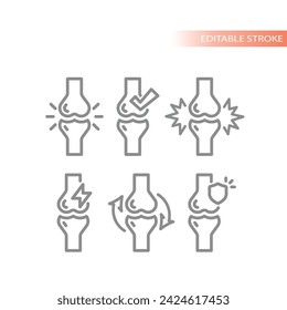 Joints, healthy and pain vector icon set. Human joint, rheumatism and arthritis outline icons.