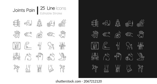 Joints pain linear icons set for dark and light mode. Rheumatism. Arthritis development. Muscles inflammation. Customizable thin line symbols. Isolated vector outline illustrations. Editable stroke