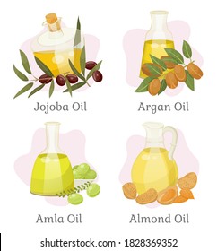 Jojoba and argan, amla and almond hair oils in bottles vector. Skin care and hair treatment, beauty and health, organic cosmetics, natural plants. Shampoo and hair conditioner ingredients illustration