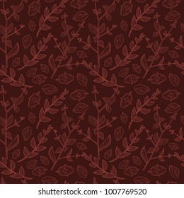 Jojoba. Branch, leaves, fruit. Background, wallpaper, seamless. Sketch. Burgundy, brown