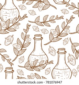 Jojoba. Branch, leaves, fruit. Background, wallpaper, seamless. Sketch.On a white background.
