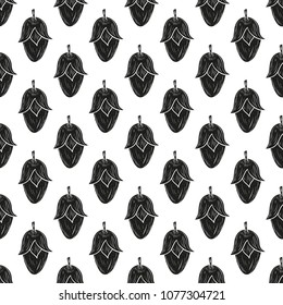 Jojoba. Fruit. Background, wallpaper, seamless. Monochrome. Black silhouette on white background.