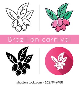 Jojoba icons set. Linear, black and RGB color styles. Fruits with leaves. Botany. Brazilian exotic plant. Miracle fruit. Сosmetic oil production. Isolated vector illustrations
