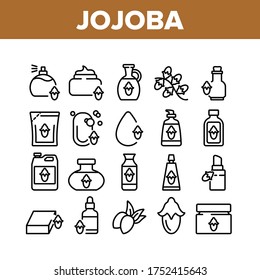 Jojoba Natural Product Collection Icons Set Vector. Jojoba Perfume And Cream, Soap And Oil, Cosmetic Package And Bottle, Drop And Pomade Concept Linear Pictograms. Monochrome Contour Illustrations