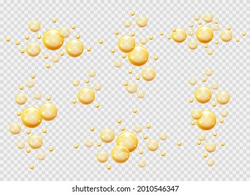 Jojoba oil bubbles. Organic oils fuel drops isolated, vector gold serum bubble set image, skin care macadamia essence perls pills, yellow shiny vesicles patterns