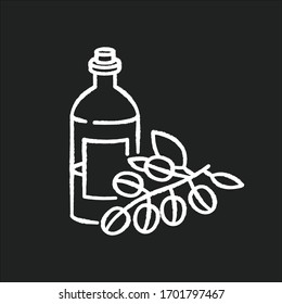 Jojoba oil chalk white icon on black background. Liquid product in jar container for haircare. Natural cosmetic for nourishing hair treatment. Isolated vector chalkboard illustration