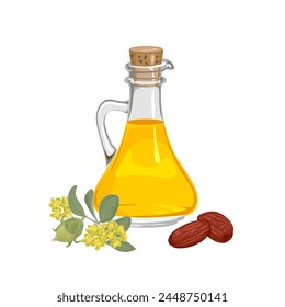 Jojoba oil in glass bottle, seeds and plant isolated on white background. Vector cartoon illustration of cosmetic oil.