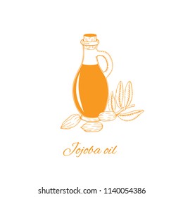 Jojoba oil. Organic essential oil. A healthy life. Design for organic cosmetics. Easy to use. On white background. Perfect logo for your business.