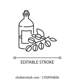 Jojoba oil pixel perfect linear icon. Natural cosmetic for nourishing hair treatment. Thin line customizable illustration. Contour symbol. Vector isolated outline drawing. Editable stroke