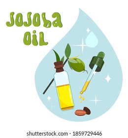 Jojoba oil,seeds,leaves.Plant extract for cosmetology.Spa products.Elixir or serum,lotion for hair and nails in a drop.Powerful antioxidant.Vector illustration for herbal medicine.Hand drawn lettering