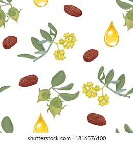 Jojoba plant seamless pattern. Vector illustration of a drop of jojoba oil, sprigs, flowers and seeds on a white background. Cartoon flat style.