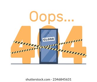 Joke 404 error page design template with closed door and barricade tapes. Web banner design. Webpage failure. Problems with internet, website disconnect. Vector cartoon flat concept