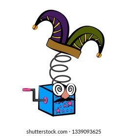 Joke box with a harlequin hat and funny mask. April fool day. Vector illustration design