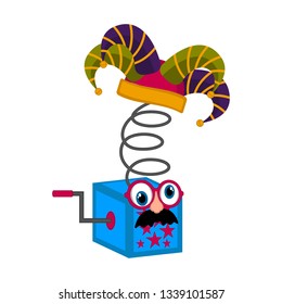 Joke box with a harlequin hat and funny mask. April fool day. Vector illustration design