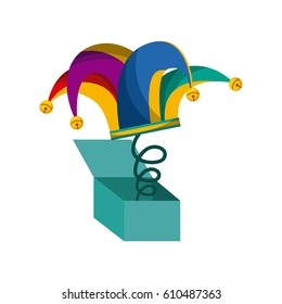 joke box with jestar hat over white background. colorful design. april fools day concept. vector illustration