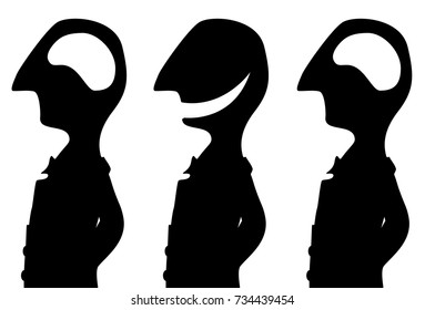 Joke cartoon brainless three person black silhouette, vector illustration, horizontal, isolated, over white
