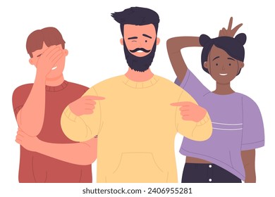 Joke and fun time of three best friends vector illustration. Cartoon guys and girl standing together in city park, group of happy male and female students laughing isolated. Friendship concept