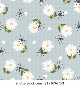 Joke Prank Cute Wrapping Paper For Friends, Gift Cover Funny Design With White Daisy Flowers And Black Spiders, Spider Lover Insect Seamless Pattern Print