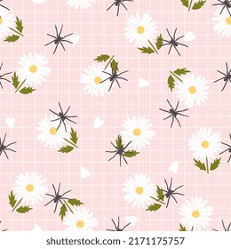 joke prank cute wrapping paper for friends, gift cover funny design with white daisy flowers and black spiders, spider lover insect seamless pattern print