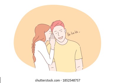 Joke, sharing secrets, flirting, dating, romance concept. Girl teen cartoon character whispering jokes and secrets to smiling boyfriends ear during meeting. Togetherness, falling in love, laughing 