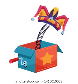 joke surprise box with jester hat jumping out icon cartoon vector illustration graphic design