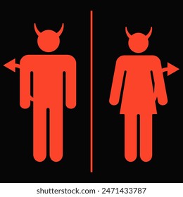 Joke toilet signs. Red Devil Woman, Man Minimalistic icon set vector illustration