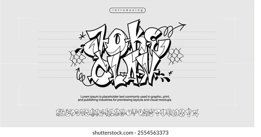 JokeClan font is Hand drawn street alphabet in graffiti style. youthful urban atmosphere. vector graffiti alphabet on black background. Tagging drip hiphop typography. Spray writter freestyle. Rap Dj