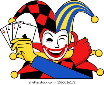 Joker with 2 hands on either side of the shoulder. Right hand holding a playing cards, the other hand in a thumbs up position vector cartoon