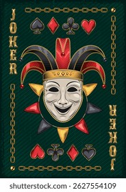 Joker card with jester comedy mask in harlequin hat, icons of playing card suits Vintage style. Vertical A4 poster