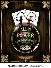 Joker card. Poker and casino label. Vector background. Texas holdem. Wood texture.