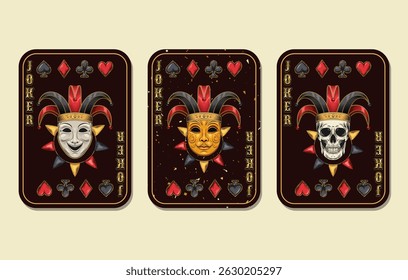Cartão de coringa com crânio em chapéu de arlequim, ícones de jogos de cartas, dinheiro de dólar. Estilo vintage. Cartaz A4 vertical