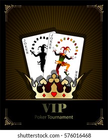 Joker card. Vector background. Vip. Vintage style and Poker Tournament label. Texas holdem.