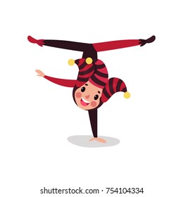 Joker cartoon character doing split upside down. Boy clown in black and red costume, cap and bells. Traditional jester or festival fool wear. Circus acrobatic performance. Vector isolated on white.