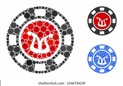 Joker casino chip composition of small circles in variable sizes and color tinges, based on joker casino chip icon. Vector filled circles are united into blue collage.